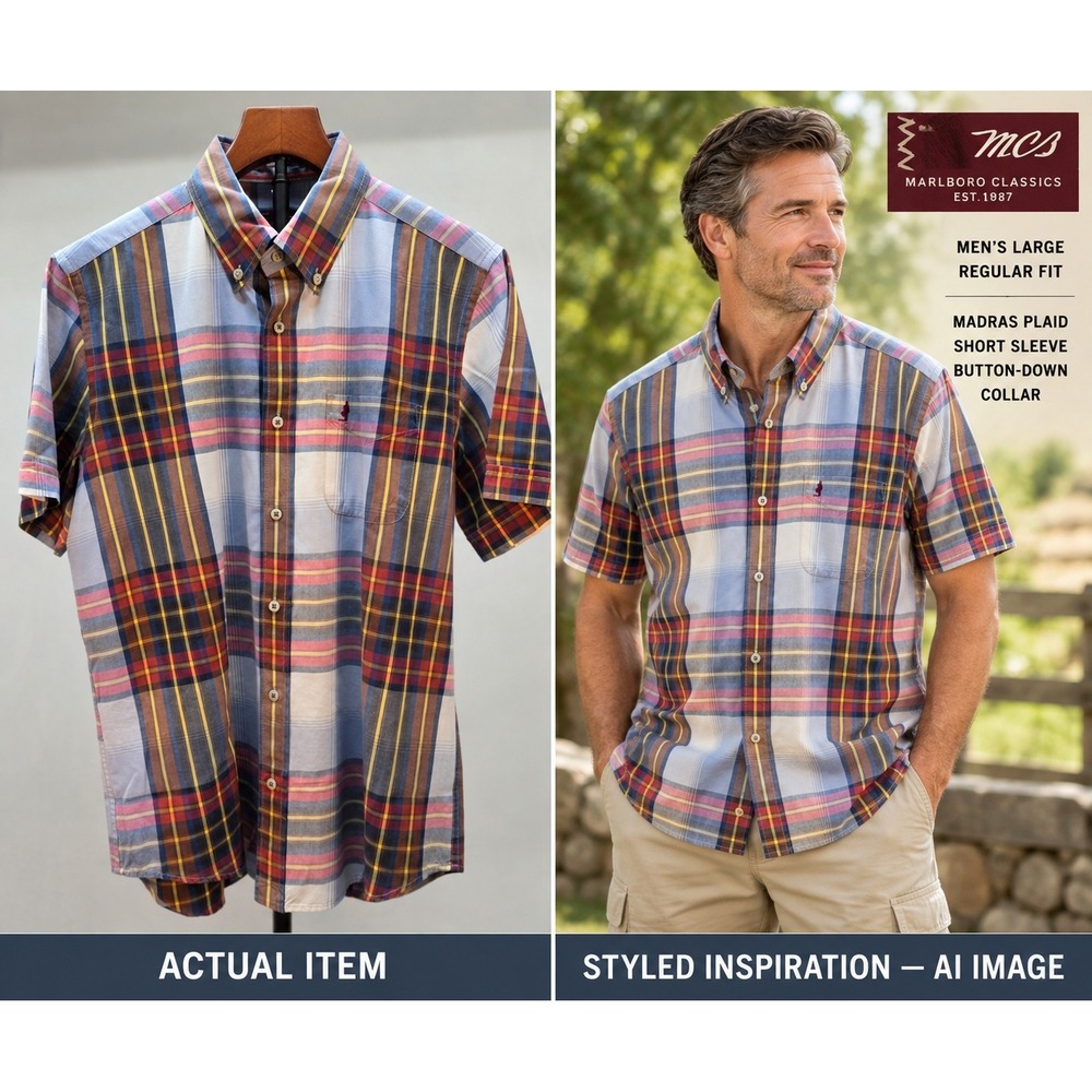 VTG MCS Marlboro‎ Western Plaid Short Sleeve Mens Shirt 90s Cowboy (L)